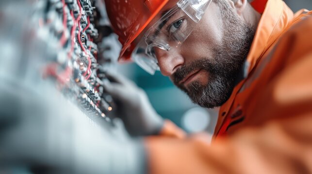 An electrician focused on repairing a complex circuit board, showcasing expertise and diligence within the technical field of electrical engineering and maintenance.