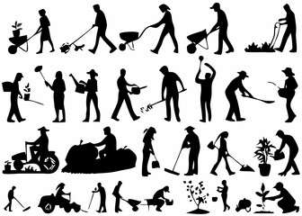 Silhouette illustration showing people gardening and doing yard work in various positions and activities created with generated ai