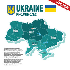 Fototapeta premium Detailed Political Vector Map of Ukraine Highlighting Provinces and Regions Including Areas with Country Facts, Flag and Emblem Editable Infographic Design