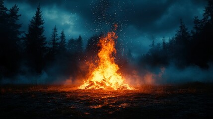 Fiery bonfire glows amidst a dark, misty forest