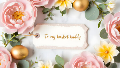 Floral arrangement with tag "To my basket buddy" and golden eggs  