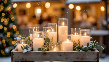 Cozy candles arranged on a wooden tray with festive decorations  