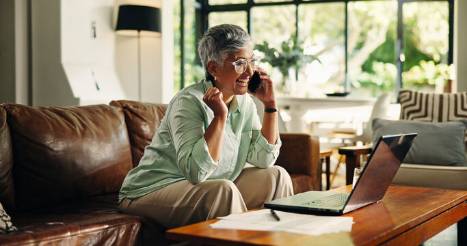 Finance, laptop and old woman with phone call celebration for tax return, good news or debt free. Success, senior person or talking to financial agent in home for retirement savings or pension rebate