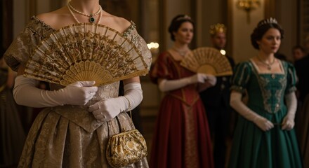 Obraz premium close up Elegant women in royal ball gowns holding fans