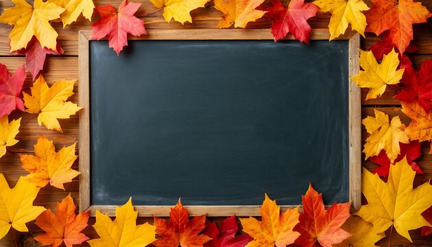 A blank chalkboard surrounded by vibrant autumn leaves in shades of red, orange, and yellow. The wooden frame adds a rustic touch to the seasonal display.