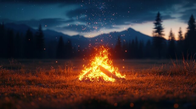 Fiery campfire glows in a serene mountain meadow at dusk