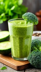 A refreshing green smoothie in a glass, garnished with broccoli. Fresh broccoli and cucumber slices are placed nearby on a wooden board.