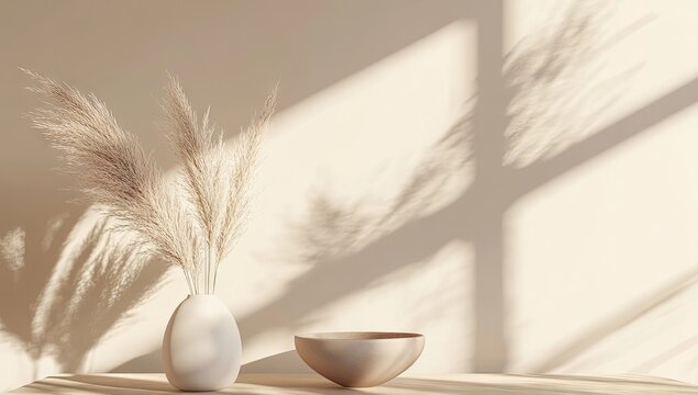 Beige minimalist still life with vase and bowl, sunlit shadows