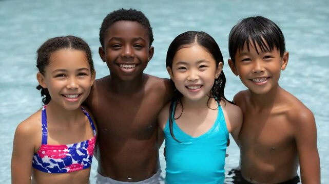 Happy multi ethnic children smiling in swimming pool