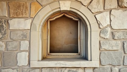 Empty ornate frame in stone alcove, weathered texture,   carved,   exterior