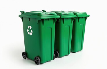 Green recycling bins isolated on white. Three wheelie containers with recycling symbol. Waste management, eco-friendly concept, environmental protection, urban cleaning, ecology.