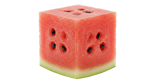 Cube-shaped watermelon slice with seeds and green rind on a black background