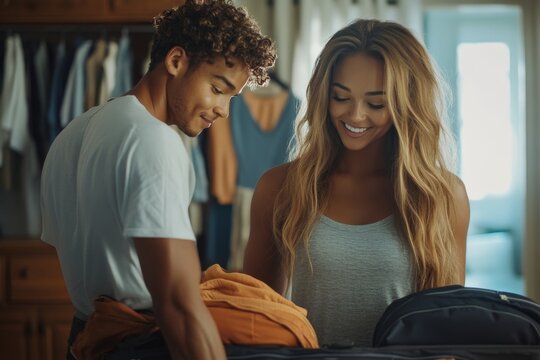 People packing outfits into a suitcase for a vacation trip, organizing travel essentials in preparation for an upcoming holiday., Generative AI