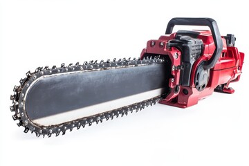 Fototapeta premium Chain Saw White Background. Gasoline Tool for Sawing Trees, Isolated on White