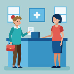 front desk receptionist guiding visitor inside hoss