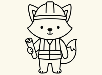  Cute Line Art Fox Dressed as Construction Worker with Helmet and Blueprint