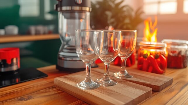 A beautifully arranged kitchen scene featuring elegant glasses, a coffee maker, and jars, creating an inviting atmosphere for culinary exploration and social gatherings.