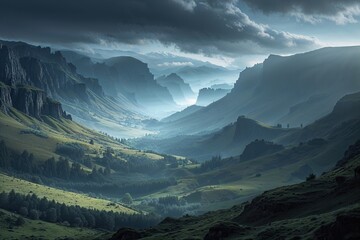 Obraz premium Enchanting Landscape of the Mysterious Shadowy Valley Background