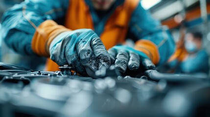 An engaged mechanic in protective gloves works meticulously on engine components, symbolizing craftsmanship and expertise in the automotive industry with a focused and dedicated demeanor.