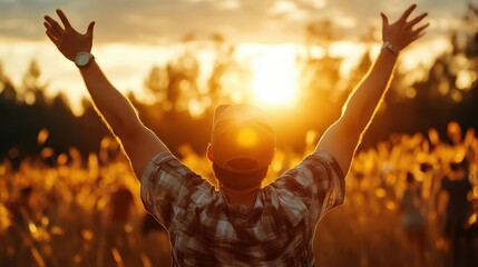 A jubilant figure with arms raised in celebration, silhouetted against a vibrant sunset, symbolizing freedom and the joy of life’s beautiful moments.