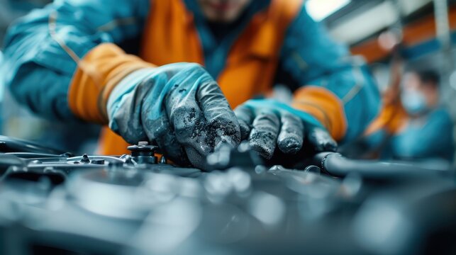 An engaged mechanic in protective gloves works meticulously on engine components, symbolizing craftsmanship and expertise in the automotive industry with a focused and dedicated demeanor.