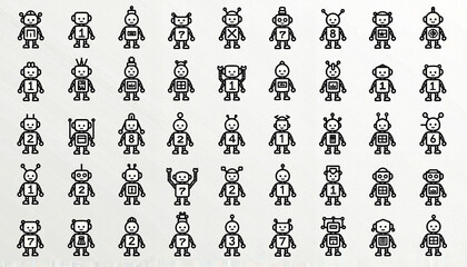Variety of cartoon robots, playful, arranged in a grid pattern, simple design