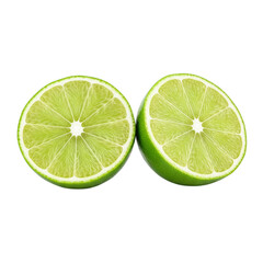 Two halves of a lime with vibrant green flesh and a glossy rind.