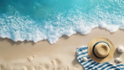 Sandy beach with ocean waves and summer accessories