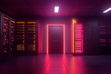 Neon Lit Server Room with Data Storage Racks and Secure Door for IT Infrastructure Security