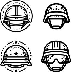 set of black and white outline icon of a war helmet, symbolizing soldier protection in conflict zones.
