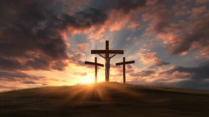 Crosses Against the Sunset: A serene and evocative image of three crosses silhouetted against a breathtaking sunset sky, symbolizing faith, hope, and sacrifice in a moment of quiet contemplation. 