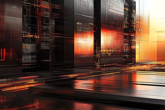Abstract futuristic cityscape with glowing lights and reflections, digital architecture design