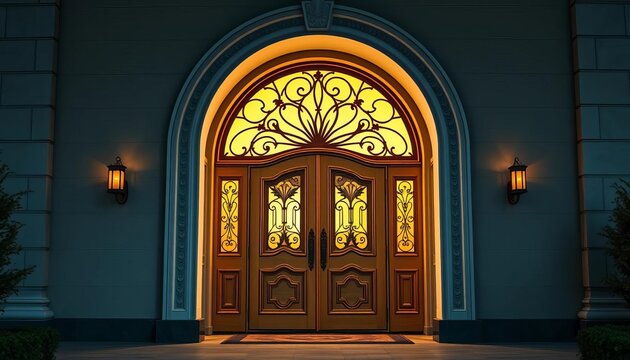 Elegant arched double front door with intricate detailing, welcoming entryway,   property,   threshold