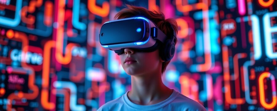 A photo of a teenage boy wearing a virtual reality headset set against a neon lit digital background - Powered by Adobe