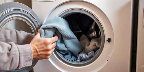 Elderly hands carefully placing laundry into a washing machine,  domestic life,  rinse cycle
