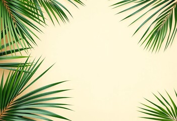 Fototapeta premium Elegant palm leaf frame on beige textured backdrop, tropical summer vibe, vintage, stylish