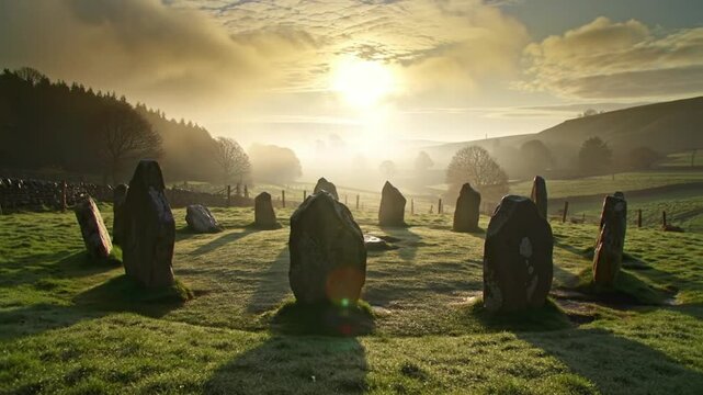 Ancient Stonehenge landscape at sunrise, mystical stone circles under a cloudy sky