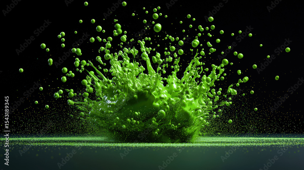 Poster Vibrant explosion of green liquid droplets captured mid air against dark background, creating dynamic and energetic visual. splash forms intricate patterns, showcasing fluid motion