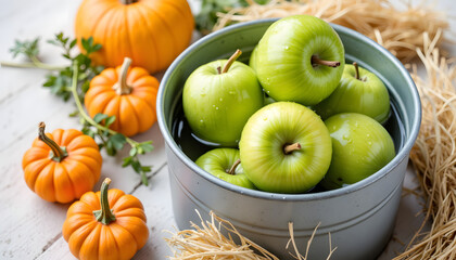 Green apples in metal bucket with pumpkins and straw backdrop  