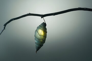 A glowing chrysalis hangs from a branch, symbolizing transformation and hope.