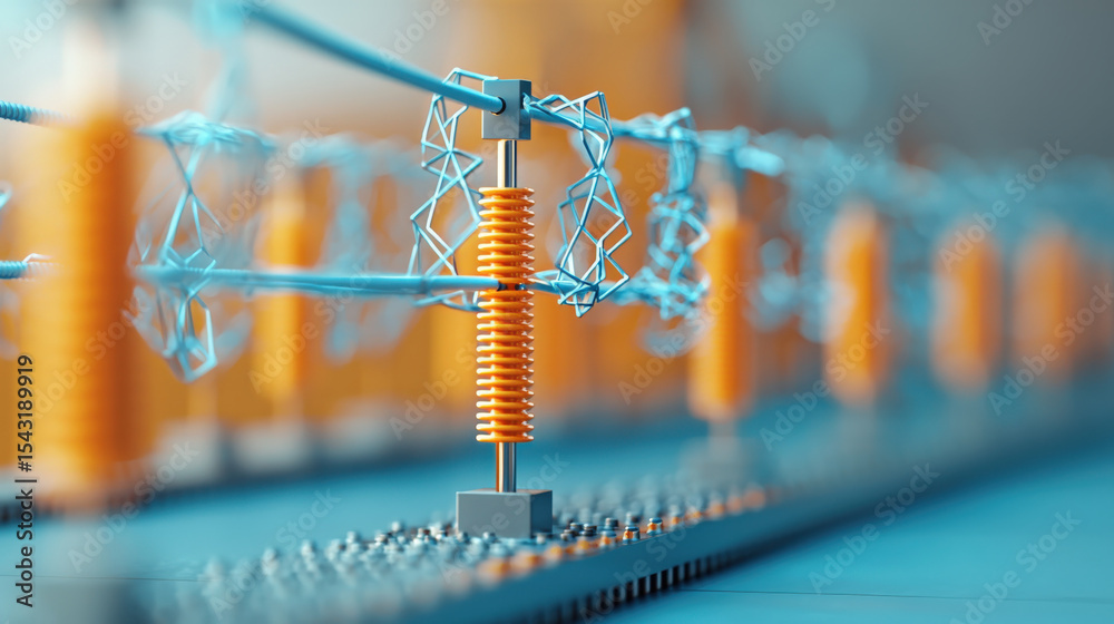 Poster Close up view of futuristic circuit board with intricate blue and orange components, showcasing advanced technology and innovation. design is sleek and modern