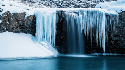 Serene winter scene captures frozen waterfall with cascading icicles, surrounded by snow covered rocks and tranquil pool of water. icy landscape evokes sense of calm and wonder