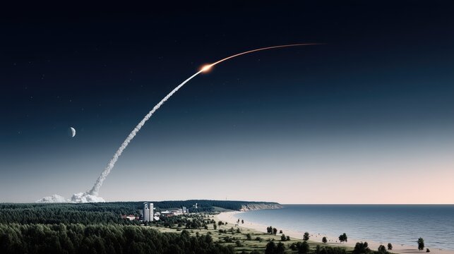 A rocket launch from bay. Space center. White plume in the night sky left after a shuttle takeoff