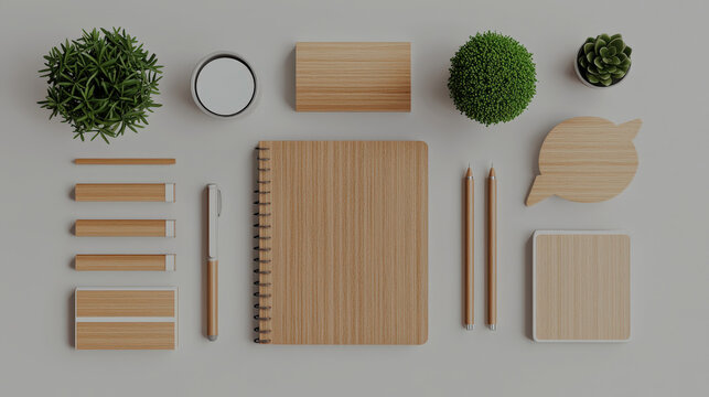 Neatly arranged workspace features wooden themed desk setup with notebook, pens, pencils, and various stationery items, complemented by small potted plants for natural touch