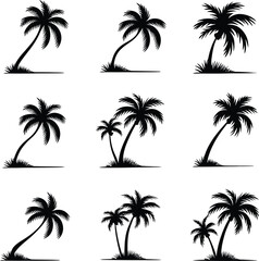 Naklejka premium Palm Tree Silhouette Icon Set – Tropical Beach Vector Illustrations