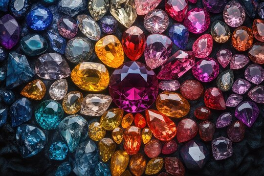 A vibrant collection of colorful gemstones, showcasing a dazzling array of shapes and hues.