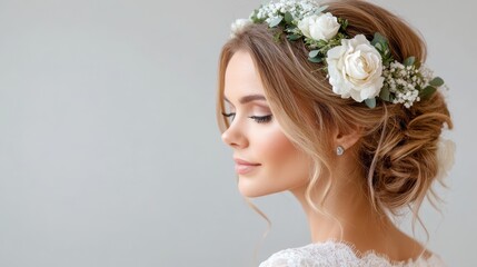 Naklejka premium A beautiful bride adorned with a floral headpiece captures the essence of romance and elegance, showcasing a serene moment that embodies love and purity on her special day.