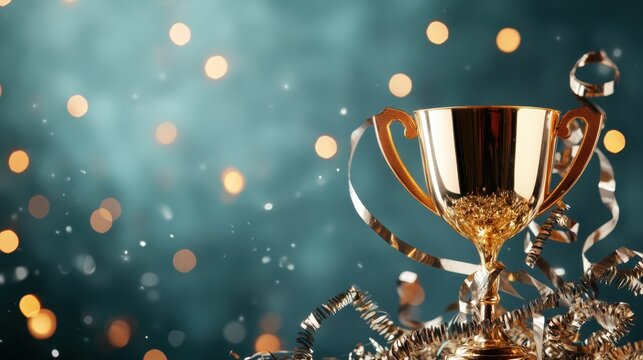 This elegant golden trophy stands out against a festive background, symbolizing victory, achievement, and celebration, making it perfect for awards or recognition events.