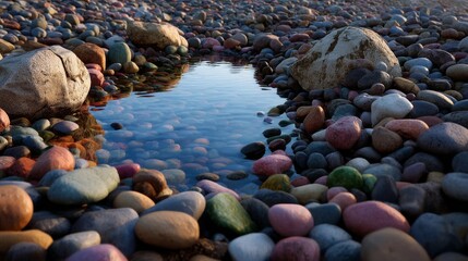 Obraz premium Colorful Pebbles and Tranquil Puddle Reflection on a Beach