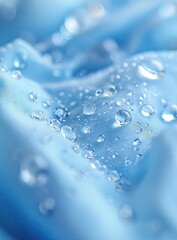 Close-up of water droplets on a light blue fabric